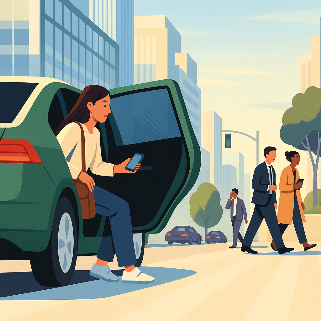Commuter stepping out of a ride-share vehicle in a bustling city street